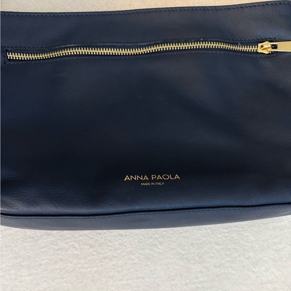 Anna Paola Leather Basketweave Zip Top Brit Shoulder Bag Made in Italy Navy Blue - Picture 6 of 10